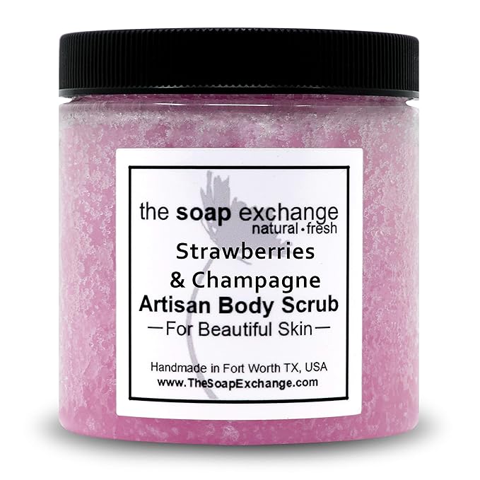 The Soap Exchange Sugar Body Scrub - Strawberries & Champagne Scent - Hand Crafted 16 fl oz / 480 ml Natural Artisan Skin Care, Shea Butter, Exfoliate, Moisturize, & Protect. Made in the USA.