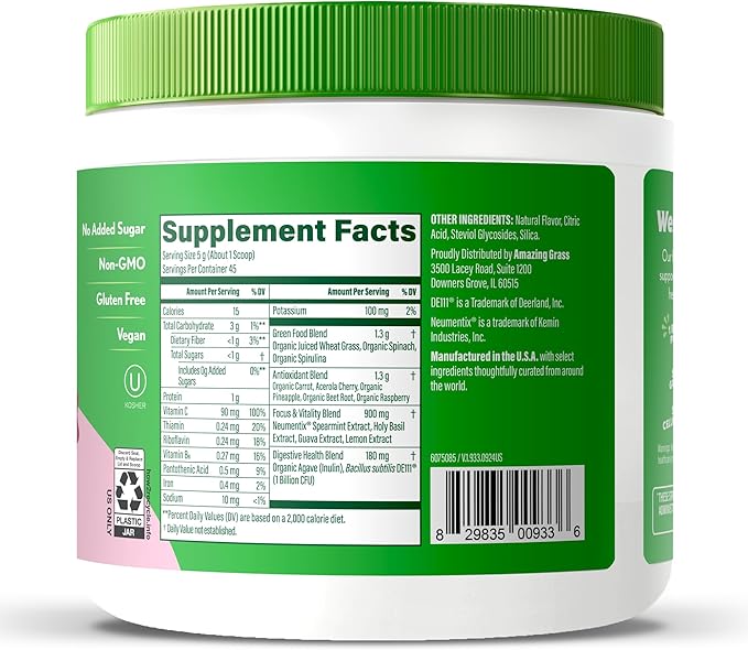 Amazing Grass Sweet Greens and Superfoods Powder for Digestive Health, Greens Powder, Digestive Enzymes, Probiotics, Spirulina, Chlorella, Summer Berry, 30 Servings