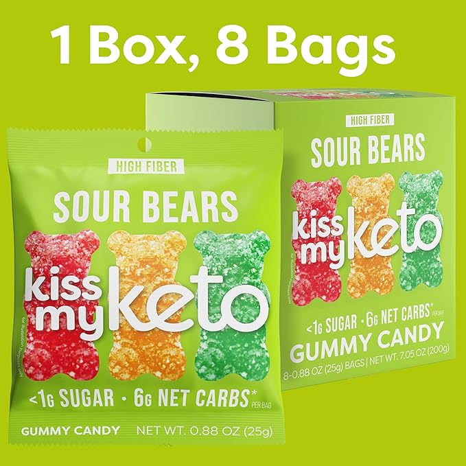 Kiss My Keto Sour Sugar Free Gummy Bears, 8-Pack – Satisfy Cravings while Staying in Ketosis – High Fiber, 6g Net Carbs, Non-GMO, Vegan, & No Gluten – Fruity Sugar Free Gummies