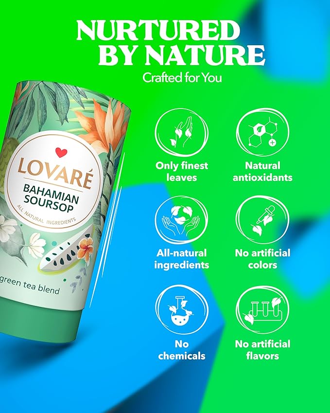 LOVARE Bahamian Soursop Loose Leaf Tea 80 g - Made in Ukraine – Green tea, Soursop, and Orange Blossom - Gift Box with 15 Paper Filters – Easy to Brew tea Blend