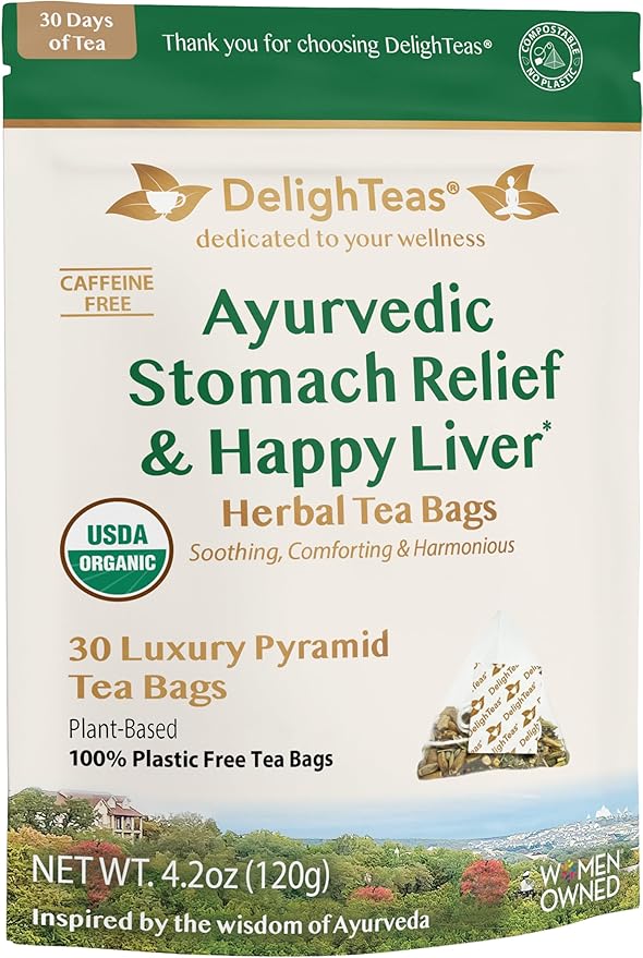 DelighTeas Liver Detox Tea Bags | Eco-Conscious Pyramid Tea Bags | Ayurvedic Stomach Relief & Liver Support | USDA Organic, Vegan, Caffeine Free, Kosher | 30 Tea Bags, 4g each