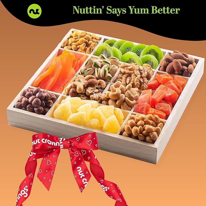 NUT CRAVINGS - Diwali Sweets Hamper Dried Fruit & Mixed Nuts Gift Basket in Reusable Wooden Tray + Ribbon (12 Assortments) Food Arrangement, Healthy Snack Care Package,