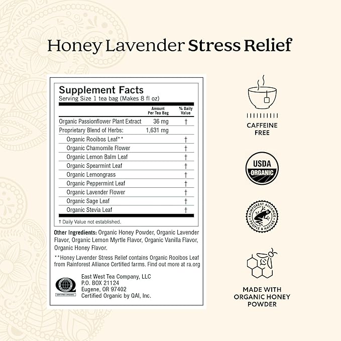 Yogi Tea Honey Lavender Stress Relief - 16 Bags per Pack (4 Packs) - Organic Chamomile Lavender Tea - Includes Lemon Balm, Lemongrass, Spearmint Leaf, Peppermint Leaf, Honey Flavor & More