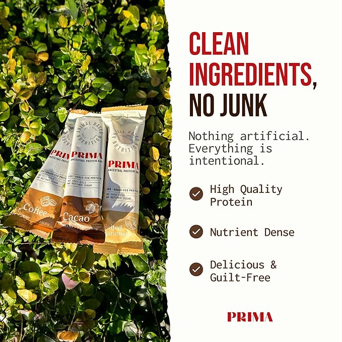 PRIMA ANCESTRAL PROTEIN BAR Grass Fed Protein Bars, 7 Pack – Animal-Based Protein Bar with Beef Tallow, Raw Honey, Seed Oil Free, Low Carb, Gluten-Free – Healthy, Energy Snacks for Clean Lifestyle (7 Pack, Variety Pack)