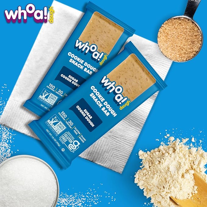 Whoa Dough Edible Cookie Dough Bars- Certified Non-GMO, Kosher and Gluten Free Bars - Healthy Snack Foods - Plant Based Snacks Made With Real Ingredients - Sugar Cookie Dough - 10 Pack