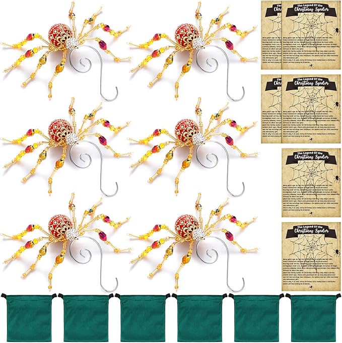 Cunno 6 Sets Legend of The Christmas Spider Gifts Christmas Spider Miracle Ornament with Card and Bag The Tradition of Tinsel Legend Spiders Hanging Handmade Decor for Xmas Tree Xmas