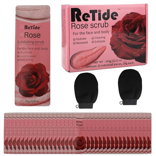 Rose Body Scrub Gift Set - 35 Packets & 2 Pcs Exfoliating Gloves,Exfoliating & Moisturizing Sugar Scrub for Face & Body, Self Care Gifts for Women