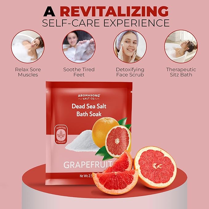 Aromasong Pure Dead Sea Salt 100% Natural Grapefruit Essential Oil – 2.5 oz. Spa Bath Salt Fine Grain- Christmas Stocking Stuffers for Adults, Kids, Women, and Mens soak Stocking Stuffers for Adults