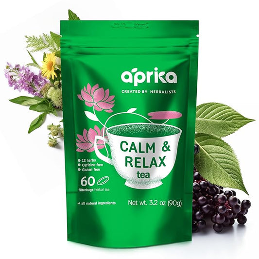 AprikaLife - Calm and Relax Herbal Tea with Chamomile, Peppermint, and Lavender - 60 Tea Bags. Delicious Herbal Blend for a Calming Experience