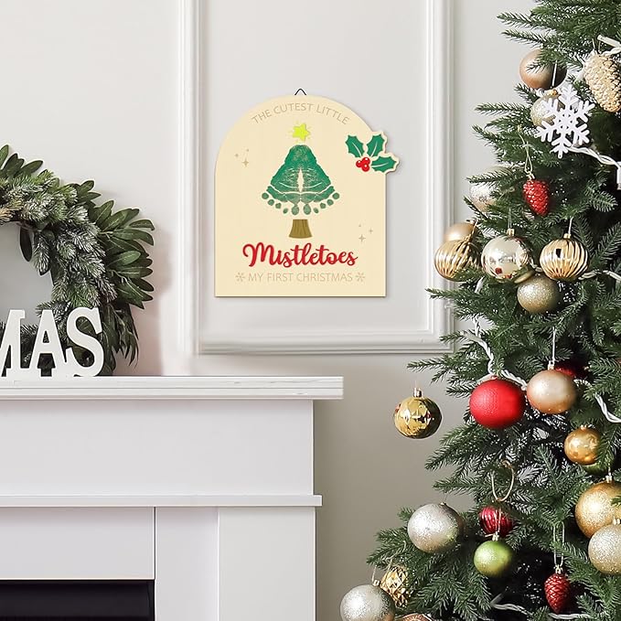 Sereliy Baby's First Christmas DIY Footprint Art Card, Wooden Christmas Tree Sign Keepsake Ornaments for Baby Shower Newborn Photoshoot Prop (Tree)