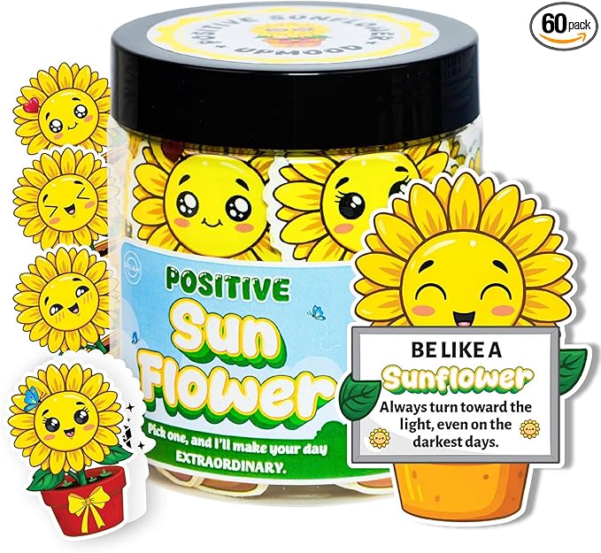 Positive Sunflower Jar – 60 Daily Affirmation Cards with Standee | Encouragement Gift for Women, Friends, Coworkers | Uplifting Notes, Desk Decor, Just Because Gift, Emotional Support Jar