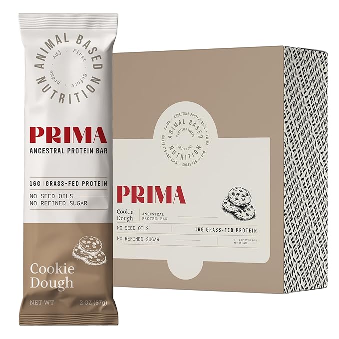 Prima Ancestral Protein Bar – Clean Grass Fed Protein Bar with Whey, Collagen, Honey, and Coconut – 16g Protein, No Preservatives or Seed Oils – Cookie Dough - 7 Pack