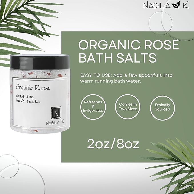 Organic Rose Bath Salts by Nabila K - Dead Sea Salt & Epsom Salt Scrub & Soak - Exfoliates & Hydrates Skin, Botanical Essential Oils - Bubble Bath Accessories for All Skins Types, 8 oz