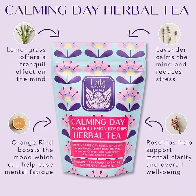 Calming Day Herbal Tea (1.65 oz, Pack of 18 Tea Bags) – Relaxing Caffeine-Free Tea with Lavender, Rosehips and Lemongrass – Gift for focus, clarity, relaxation and wellness
