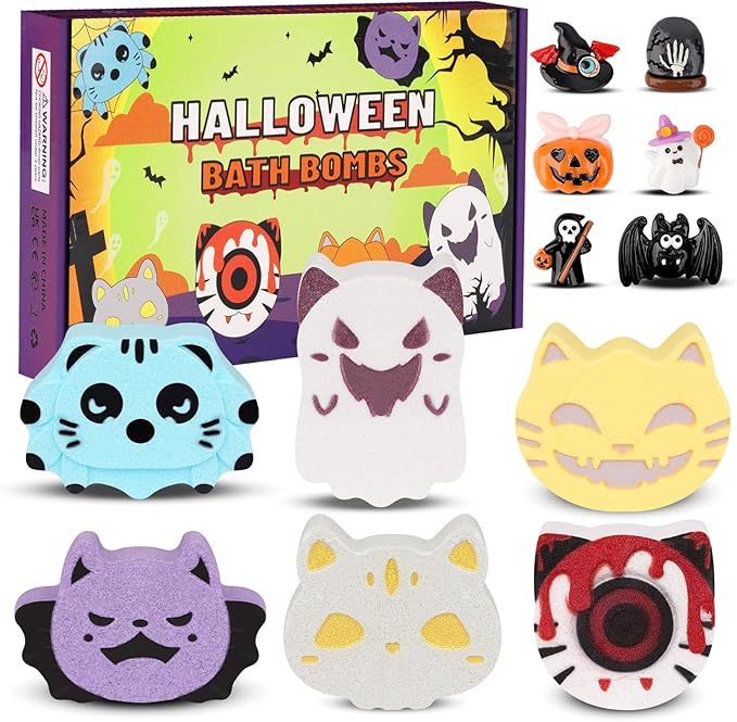 Halloween Bath Bombs for Kids,6 Pack Bubble Bath Bombs with Toys Inside,Halloween Spooky,Spider,Bat,Cat Shape Bath Bomb,Halloween Gifts for Kids Boys Girl
