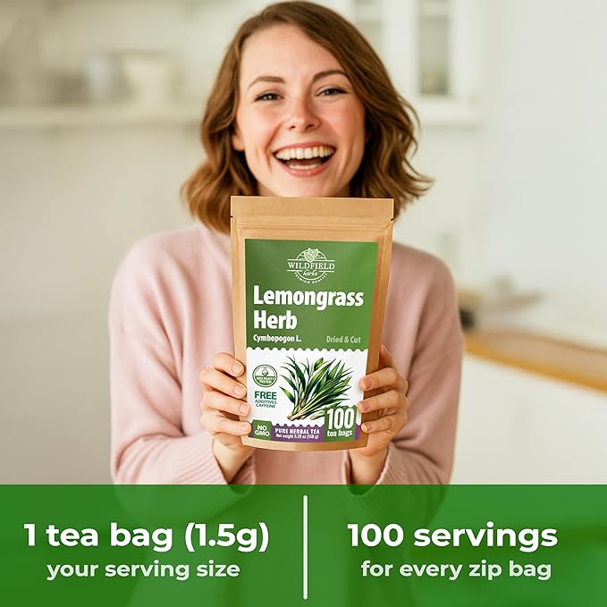 100 Bags Dried Lemongrass Tea Lemon Grass Leaf Herbal Tea Zacate De Limon (Cymbopogon) - 100 Count 1.5g Bags Lemongrass Chai Herb Limoncillo (Hierba Limon)