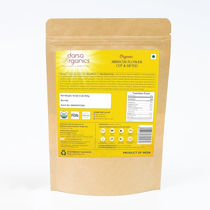 Darsa Organics Hibiscus Flowers Cut & Sifted 16 oz - USDA Organic Flor de Jamaica, Dried Hibiscus Flower for Hibiscus Tea, Cooking & Beverages, Vegan, Non-GMO, Kosher Certified (Pack of 2)