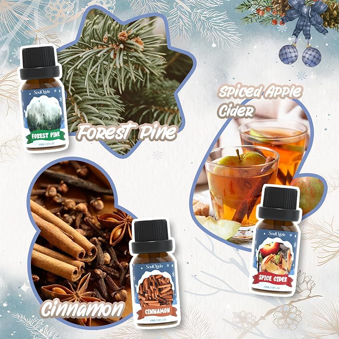 Winter Essential Oils Set, Fragrance Oil Gift Set for Oil Diffusers, Scented Oils for Soap 6x10ml - Forest Pine, Spiced Apple Cider, Cinnamon, Mint Hot Chocolate, Gingerbread, and Cranberry