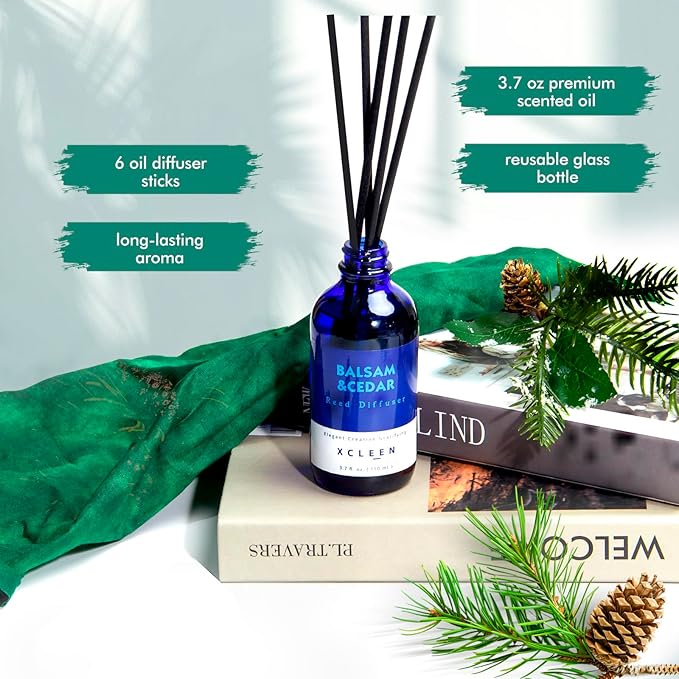Reed Diffusers for Home, Balsam & Cedar Diffuser with Sticks, 3.7 Oz Scented Fragrance Oil Diffuser for Bedroom, Bathroom Decor