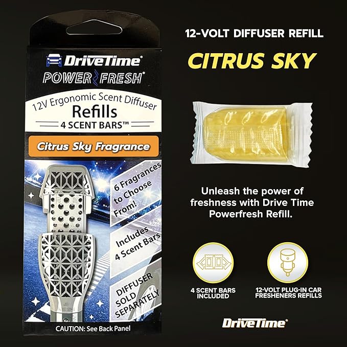 Drive Time Reusable 12V Plug-in Car Air Freshener – Power Fresh, Auto Shut-Off, Plug-In Convenience, No Batteries Needed – Includes 4 Scent Bars for Up to 30 Days of Freshness – Citrus Sky