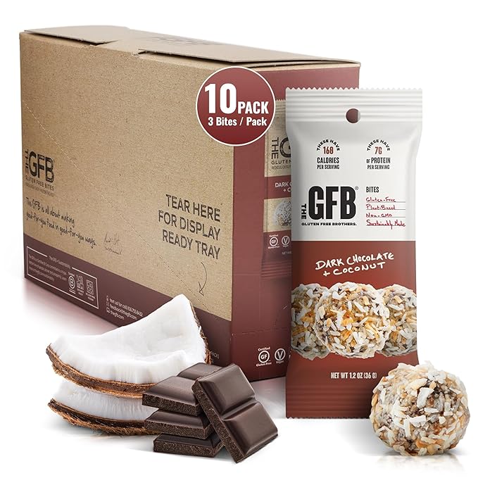 The GFB Dark Chocolate Coconut Protein Bites - Gluten Free, Plant Based, Non GMO, Sustainably Made – Ridiculously Tasty, Healthy, Vegan, Protein Energy Balls, 1.2 oz (10 count)