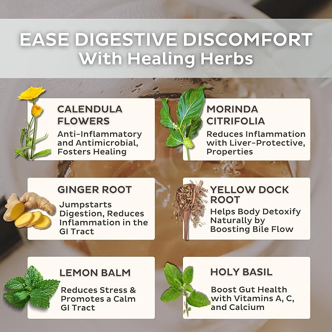 Trust Your Gut Organic Herbal Tea Blend with Lemon Balm, Holy Basil, Dandelion, Ginger Root – Liver Detox, Digestion & Gut Health Support, Gas Bloating Relief – Poha Berry, 30 Bags