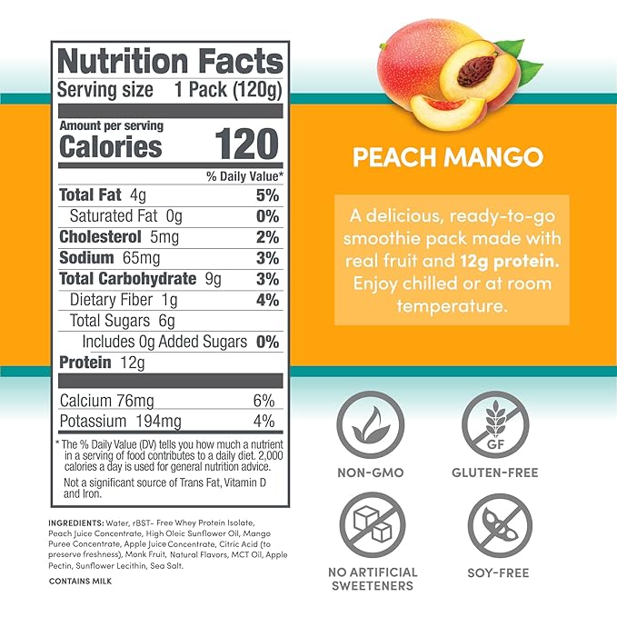 Designer Wellness Protein Smoothie, Real Fruit, 12g Protein, Low Carb, Zero Added Sugar, Gluten-Free, Non-GMO, No Artificial Colors or Flavors, Peach Mango, 12 Count
