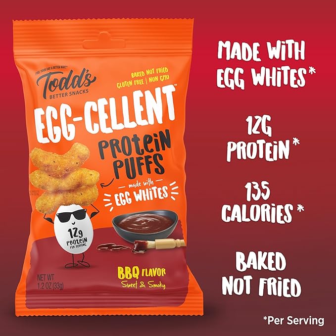 Todd's Better Snacks Egg-Cellent Protein Puffs, Sweet & Smoky BBQ – 12g Protein, Gluten-Free, Paleo-Friendly, Baked, GLP-1 Compliant – Healthy Snack, Made with Egg Whites – 1.2 Oz (Pack of 10)