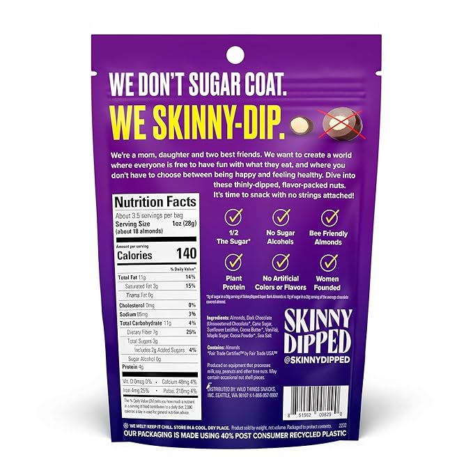SkinnyDipped Super Dark Chocolate + Sea Salt Almonds, Vegan, Healthy Snack, Plant Protein, Gluten Free, 3.5 oz Resealable Bags, Pack of 1