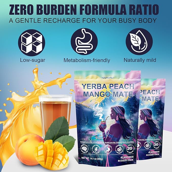 40 Servings (14.1oz) Yerba Mate Instant Tea Powder, 3-in-1 Peach Mango Flavored Low Sugar Super Drink to Support Energy & Focus with Prebiotics and Probiotics
