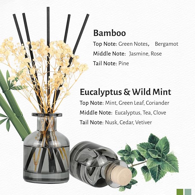 Brakula 2 Pack Reed Diffuser, Bamboo + Eucalyptus & Wild Mint (3.38 fl oz Each Pack), Home Fragrance with 12 Sticks,Bathroom Decor, Reed diffusers for Home