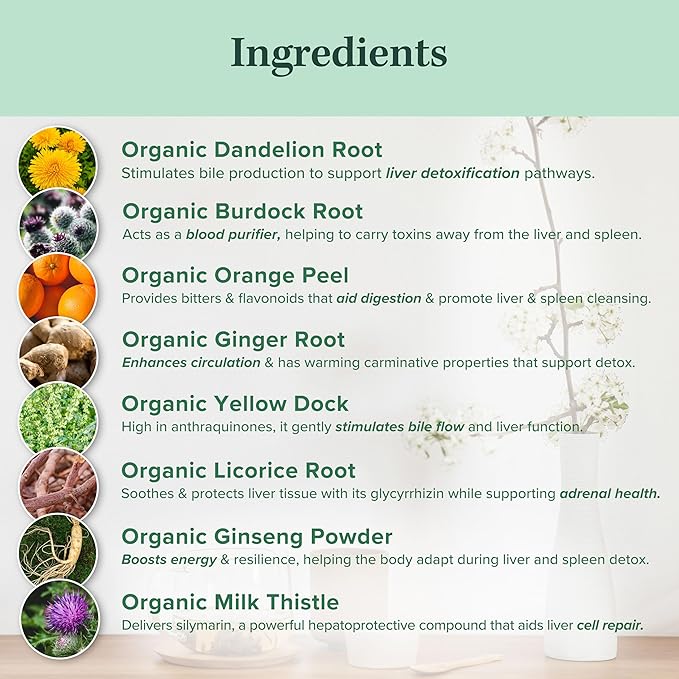 Jade Tea - Organic Liver Detox Tea & Spleen Detox Tea - Organic Dandelion Root, Burdock Root, Ginger Root & Orange Peel - Supports Liver, Gallbladder & and Spleen Health - Fair Trade USA - Made in USA