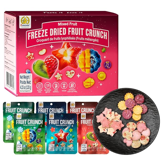 SUNGIVEN Freeze Dried Fruit Crisps Crunch Mixed Fruit 6 Packs Gluten Free Made with Fruit Vegan Healthy Snacks Ready to Eat for Yogurt Dessert
