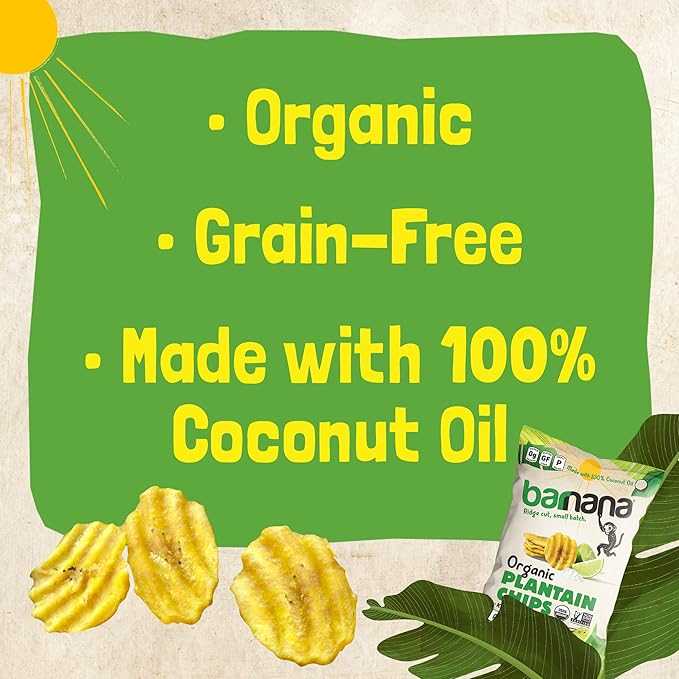 Barnana - Organic Plantain Chips, Acapulco Lime, Healthy Snack Made With 100% Coconut Oil, Non-GMO, Potato Chip Alternative, Zero Sugar, Paleo, Grain-Free Chips, Vegan, USDA Organic (2 oz, 6-Pack)