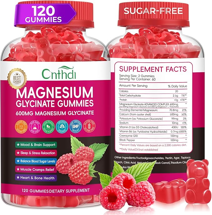 Magnesium Glycinate Gummies 600mg, High Absorption Magnesium Gummies with L-Threonate, Black Currant Oil, Calcium, Vitamin B6, Sugar Free Chews for Adults & Kids Relaxation, Stress Relief, Night Rest