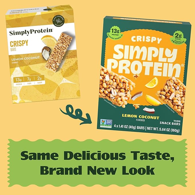 Simply Protein - Lemon Coconut Crispy Bars - Plant Based Protein Bars - Low Carb, Low Sugar, High Fiber - 13g Protein, 2g Sugar, 7g Fiber - Vegan, Gluten Free, Non GMO, Kosher - 4 Bars
