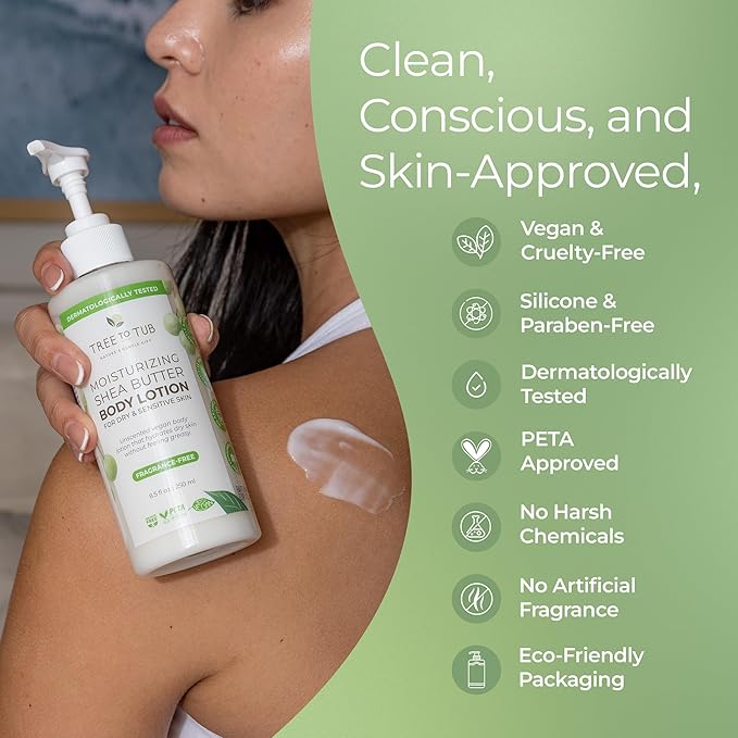 Tree to Tub Unscented Shea Butter Body Lotion for Dry Skin - Fragrance Free Lotion,Vegan Body Moisturizer, Good for Sensitive Skin for both Women & Men