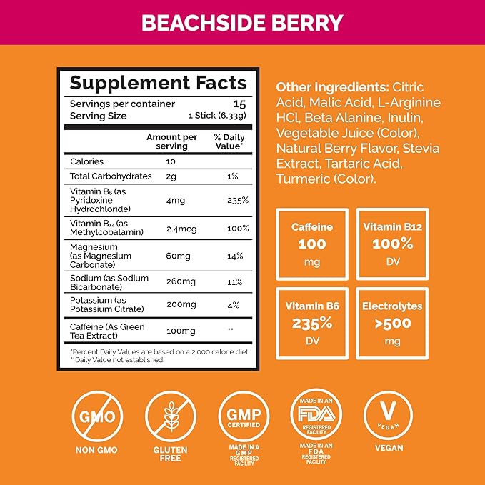 Voli Energy Drink Mix Packets | Natural Pre-Workout Powder with Green Tea Caffeine & B Vitamins, Amino Acids & Electrolytes for Sustained Focus, Hydration & Clean Energy | No Added Sugar, 15-Count