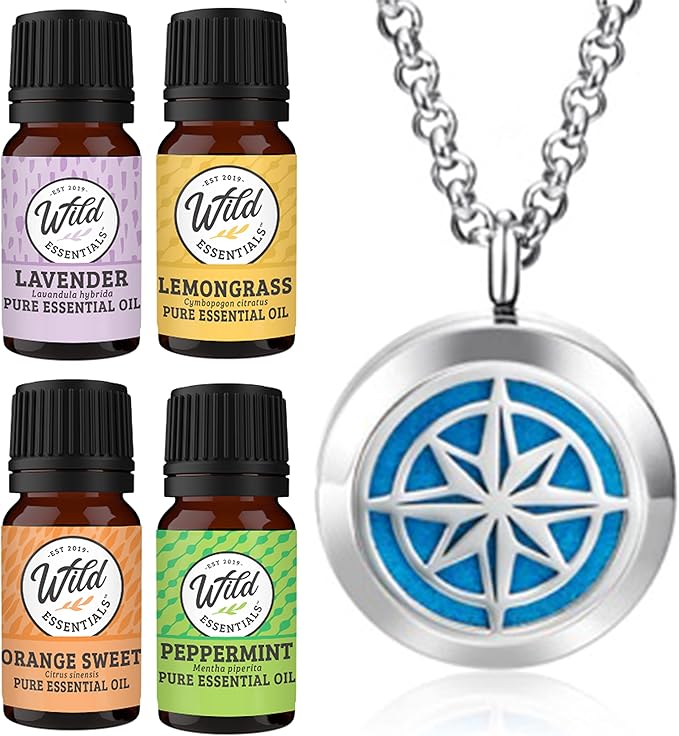 Wild Essentials Nautical Star Necklace Essential Oil Diffuser Kit, Lavender, Lemongrass, Peppermint, Orange Oils, 12 Refill Pads, Calming Aromatherapy Gift Set, Customizable Color Changing, Perfume