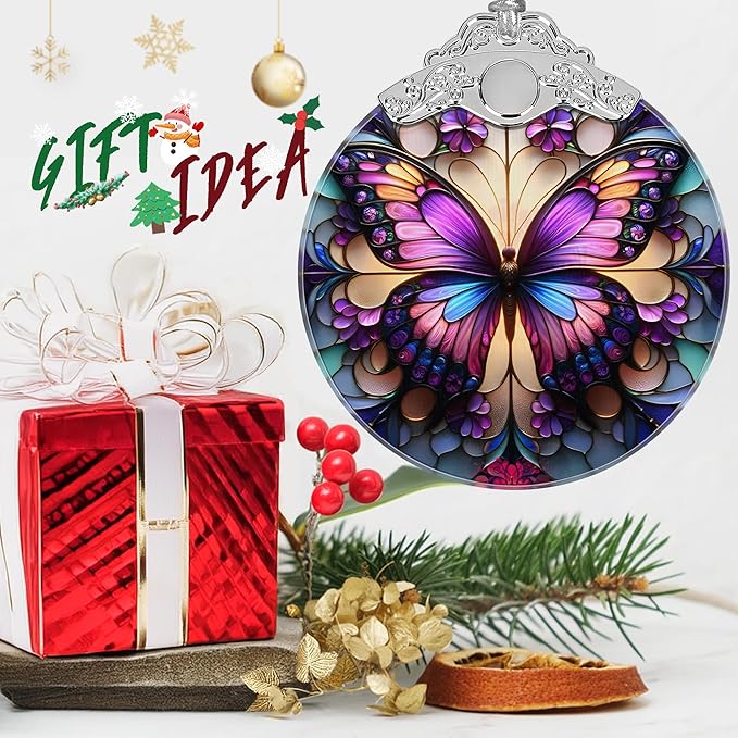 Butterfly Stained Glass Orament - Christmas Ornament - Christmas Decorations for Tree - Holiday Present ldeas - Gift Exchange