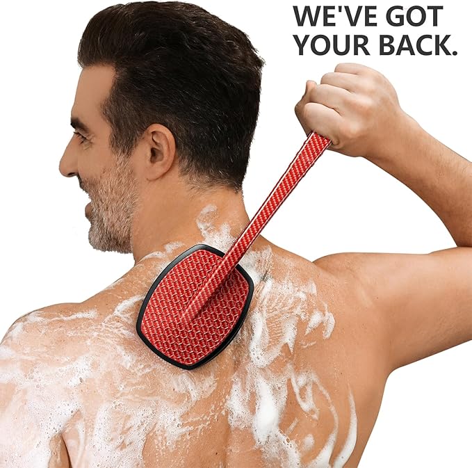 New Carbon Fiber- Red Silicone Back Scrubber for Shower, Back Shower Brush with Long Handle Back Scrubber for Men and Women