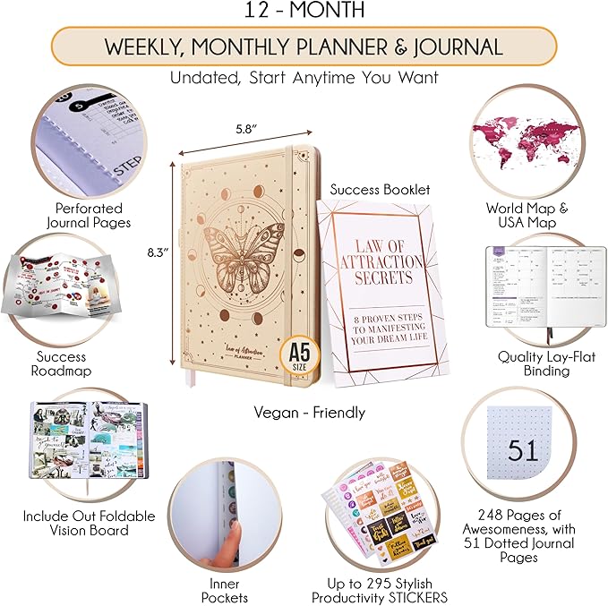 Hourly Planner - Undated Weekly & Monthly Planner, 12-Month Journey to Increase Productivity | Gratitude Journal, Life Organizer & Goal Journal | Include Foldable Vision Board, Habit Tracker & Sticker