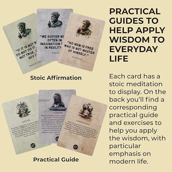 Daily Stoicism Affirmation Cards - 50 Stoic Life Change Quotes, Philosophy Gift for Men in Tin Box with Wood Stand - Desk Accessories Office Decor for Men - Inspirational & Motivational Cards