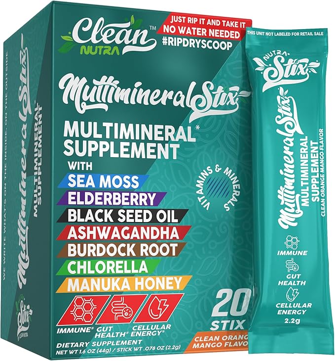 Sea Moss Powder Elderberry Ashwagandha Chlorella Manuka Honey VitaminD3 Vitamin C Zinc Spirulina Iodine Greens Detox Immune Support Sugar Free Hydration Powder Drink Mix – 20 Sticks