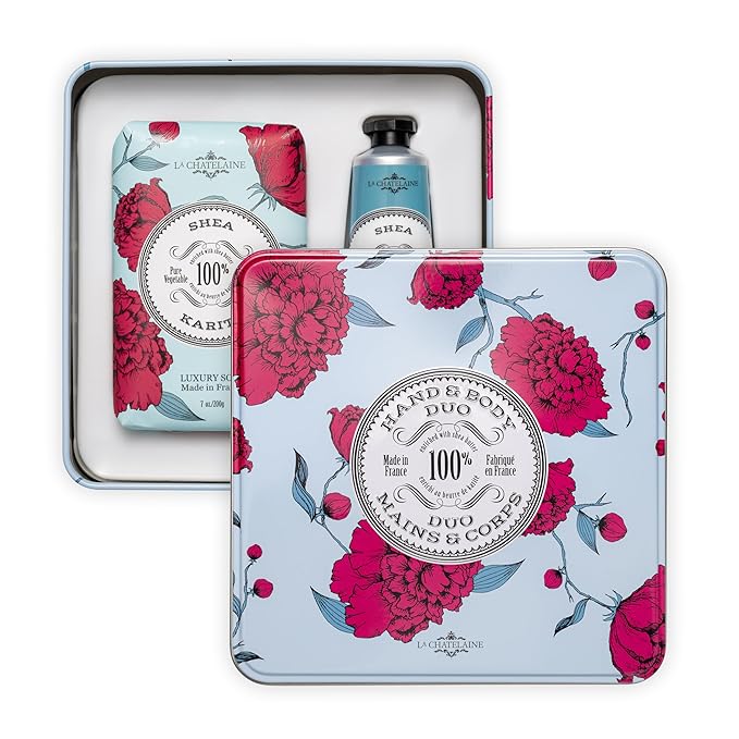 La Chatelaine Shea Rose Triple Milled Bar Soap and 20% Shea Butter Hand Cream Gift Set, Gift for Mom, Decorative Tin, Plant-Based, Natural & Organic, Made in France (7 oz. soap bar, 1 oz. hand lotion)