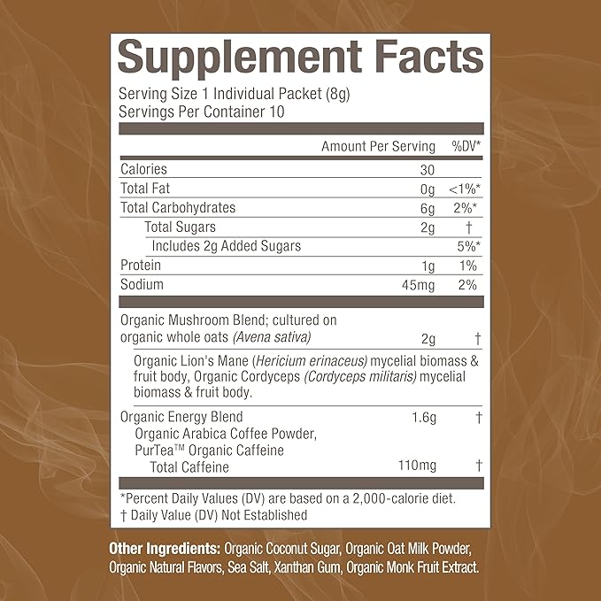 OM MUSHROOM SUPERFOOD Coffee Latte Blend Mushroom Powder, Single Serve, 10 Count, Lion's Mane, Cordyceps, Reishi, Chaga, Energy & Mental Clarity Support Supplement