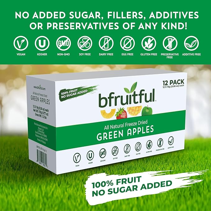 bfruitful Freeze-Dried Green Apple, Freeze Dried Fresh Fruit Bites, Gluten Free, Vegan, Dairy Free, Kosher, No Sugar Added, Non GMO, Healthy Snacks, 0.56 oz Single-Serve Snack Packets, 12 Pack