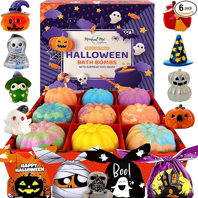 Bath Bombs for Kids with Surprise Toys Inside - Set of 9 Organic Halloween Bath Bombs, Gentle and Safe - Fizzy Balls with Rainbow Bubbles, Halloween Gifts for Kids
