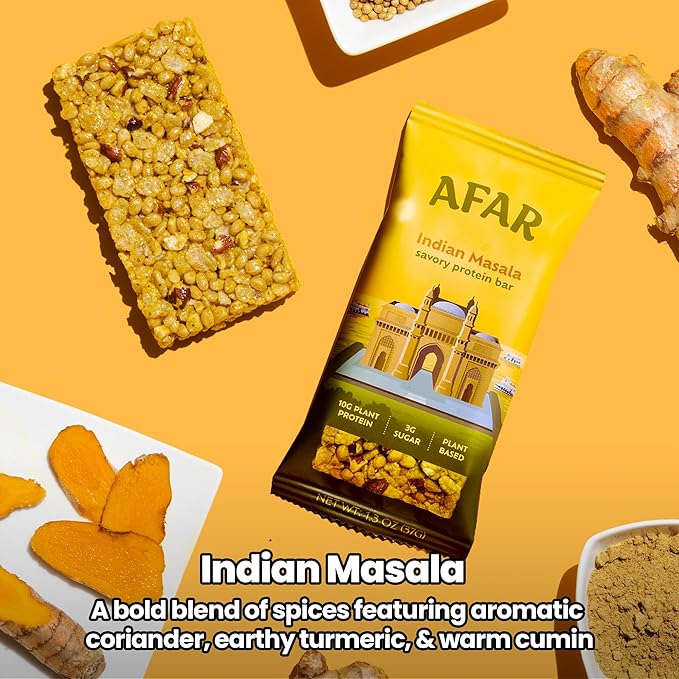 Afar Savory Protein Bars – Low Sugar, High Protein – Healthy Snacks for Adults – Meal Replacement Bar – Rice Crispy Texture – Vegan, Gluten Free (8 Bars, Indian Masala)