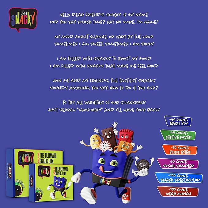 I AM Snacky - Haloween Trick or Treats Snack Box Variety Pack Care Package + Greeting Card - SNACKY'S BLISS BITES (50 Count) Birthday Sweet Treats Gift Basket, Candies Chips, Office Food Assortments